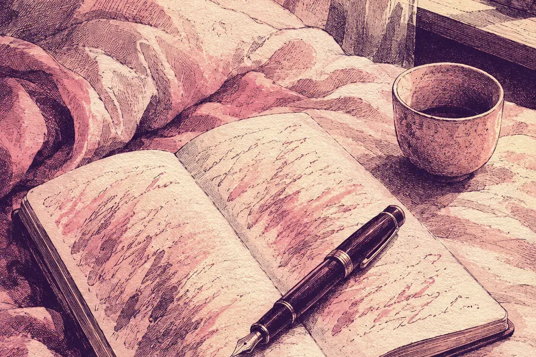 Un carnet ouvert sur un lit défait au petit matin, un stylo posé en travers de la page
