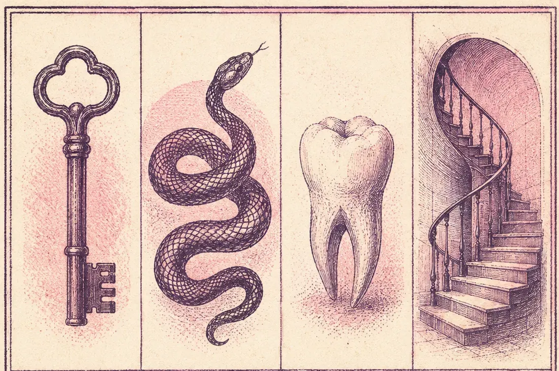 Planche gravée de symboles de rêve : une clé, un serpent, une dent, un escalier, une vague